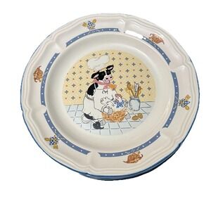 Vintage Newcor Kitchen Kow Salad Plates Set 4 Farm Cow Chicken 8" Stoneware